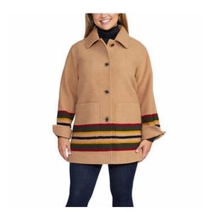 Pendleton Camel Coat with Red, Green, Black & Gold Stripe Detail